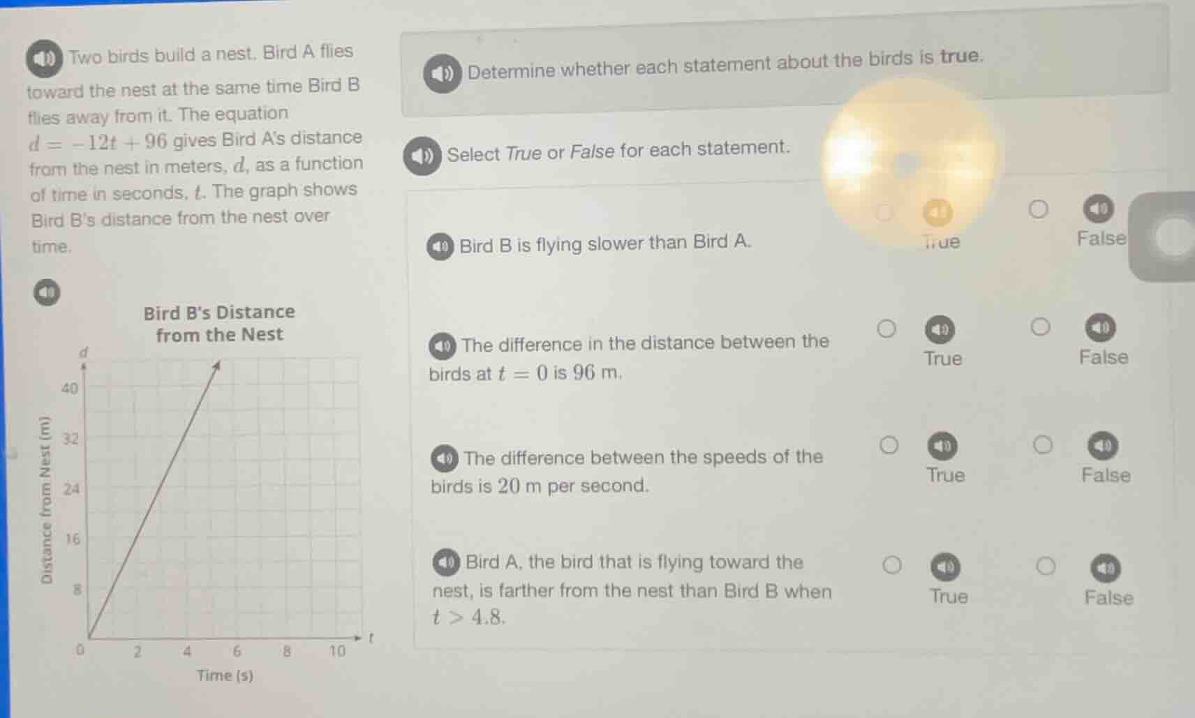 two birds build a nest. bird a flies toward the nest at the same time b…