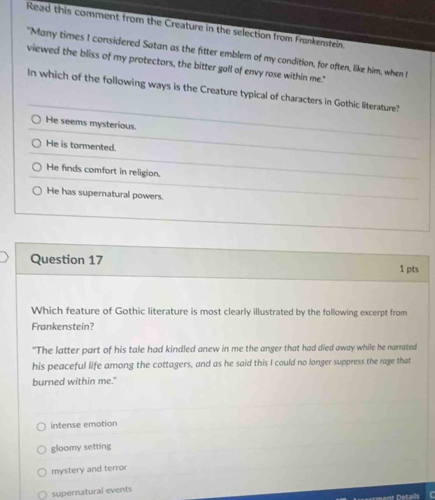 read this comment from the creature in the selection from frankenstein,…