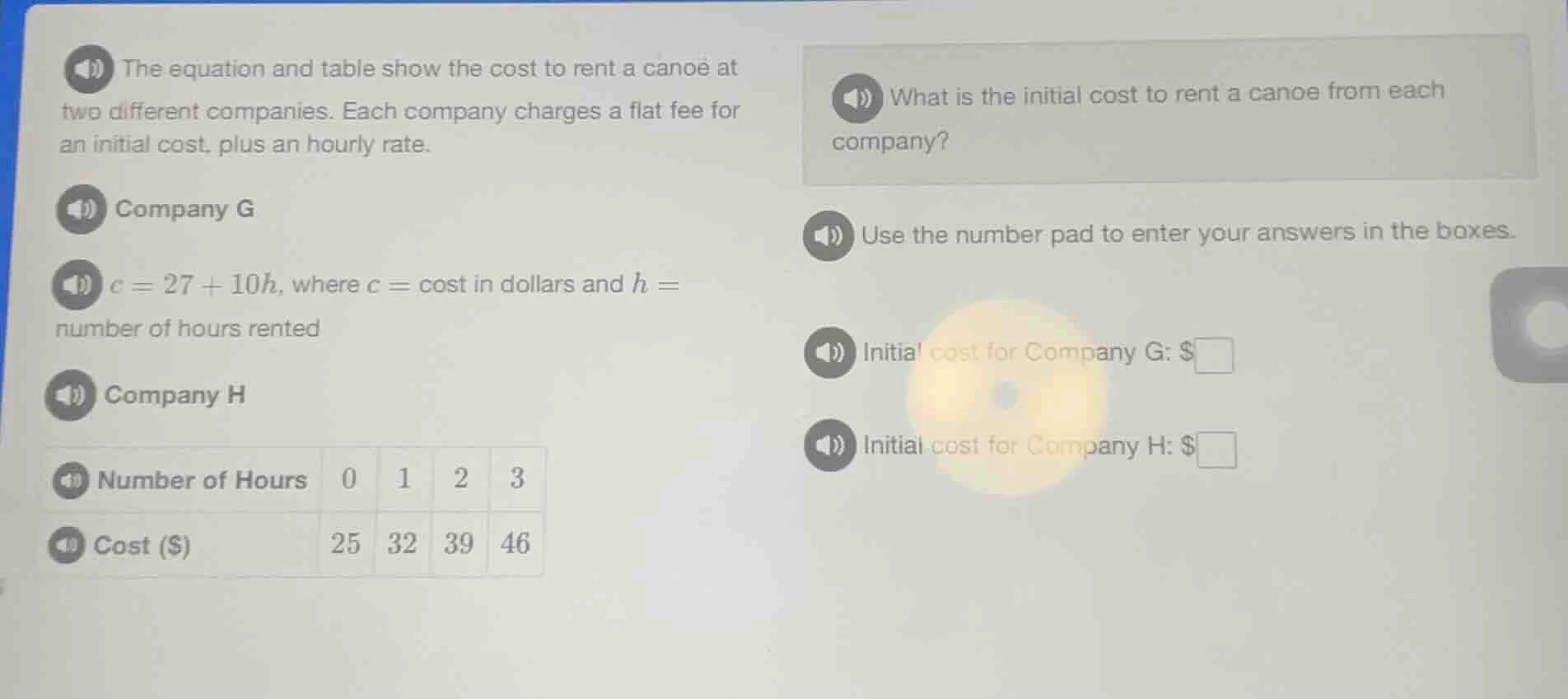 the equation and table show the cost to rent a canoe at two different c…