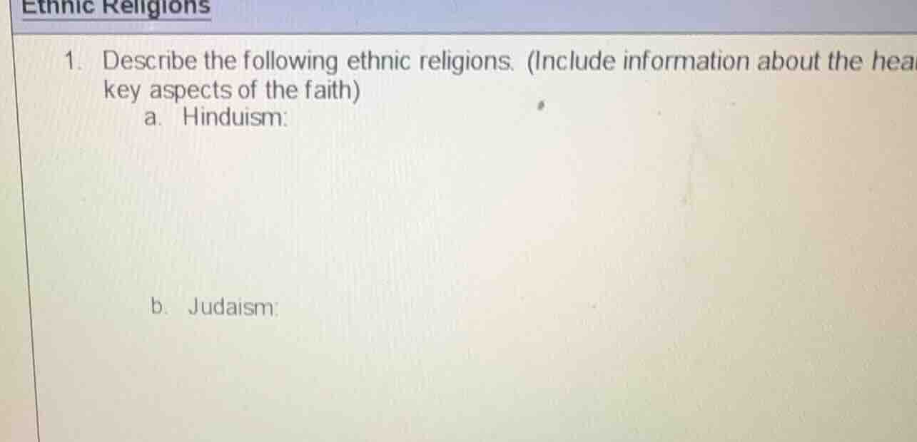 ethnic religions 1. describe the following ethnic religions. (include i…