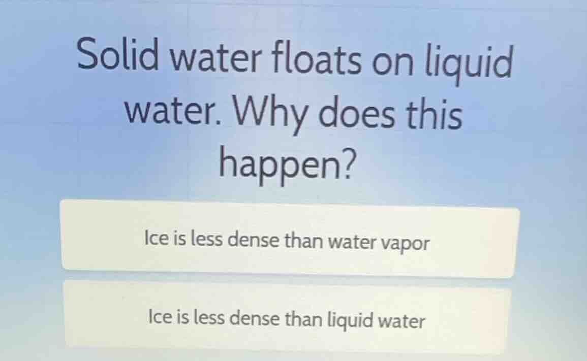 solid water floats on liquid water. why does this happen? ice is less d…