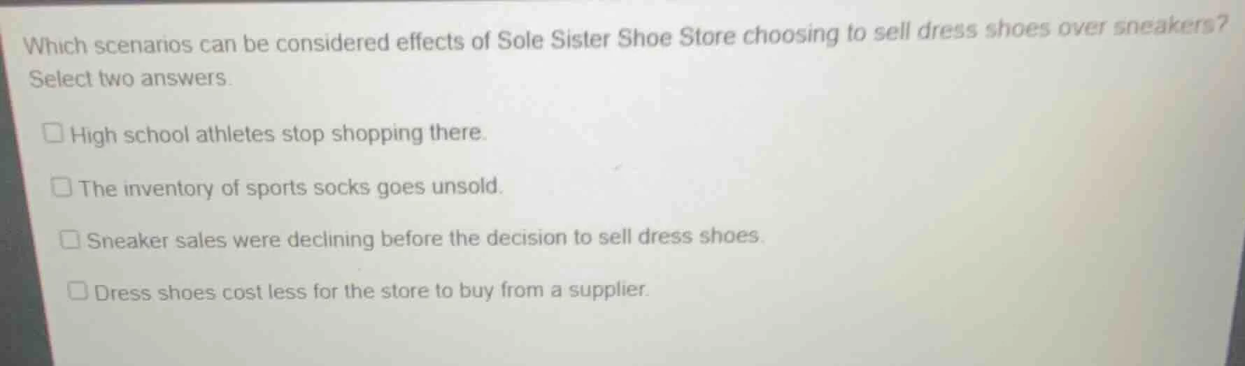 which scenarios can be considered effects of sole sister shoe store cho…