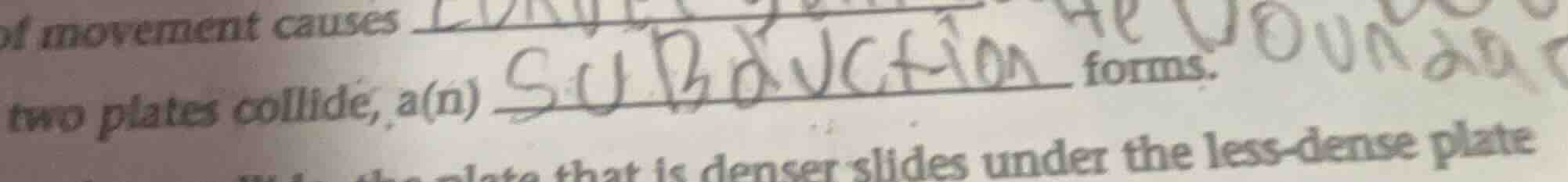 of movement causes two plates collide, a(n) forms. that is denser slide…