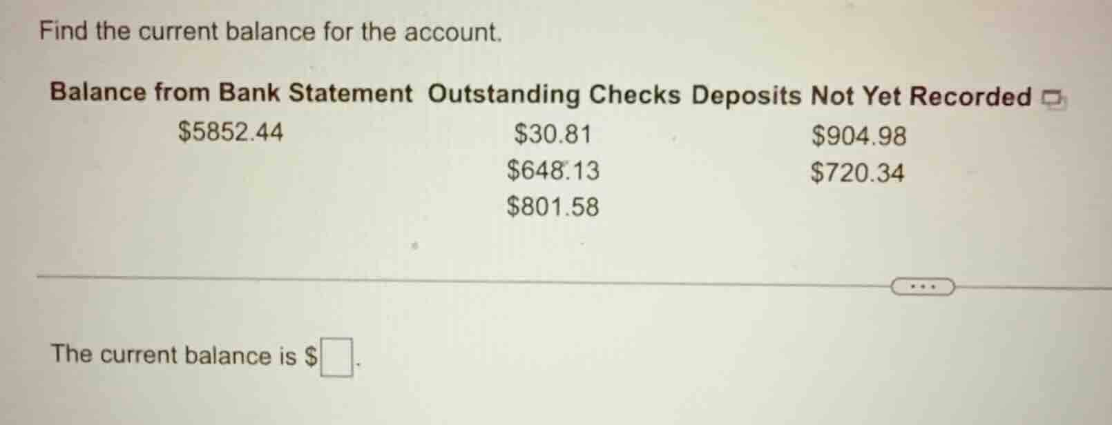 find the current balance for the account. balance from bank statement o…