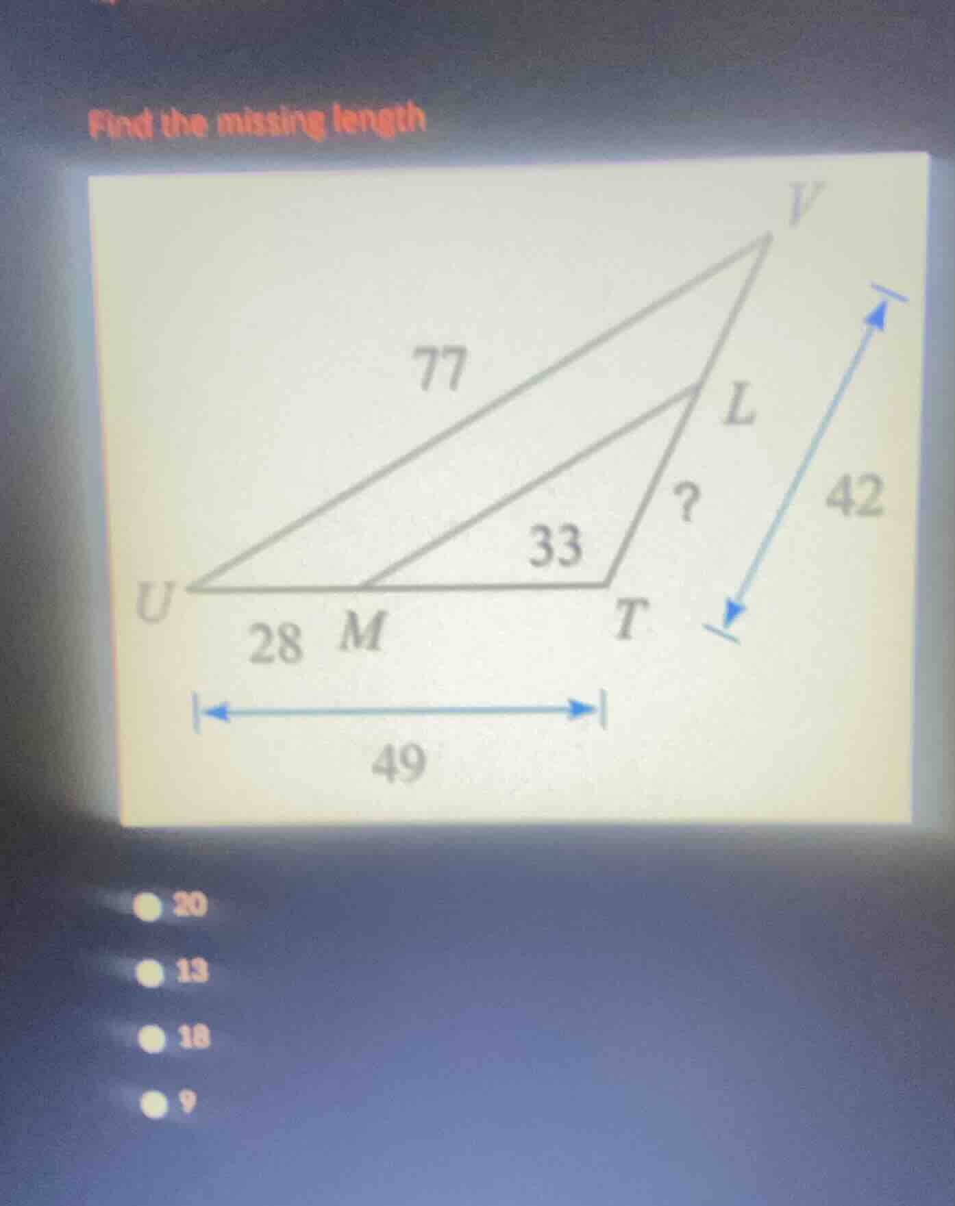 find the missing length u, m, t are on a line segment with um = 28, ut …