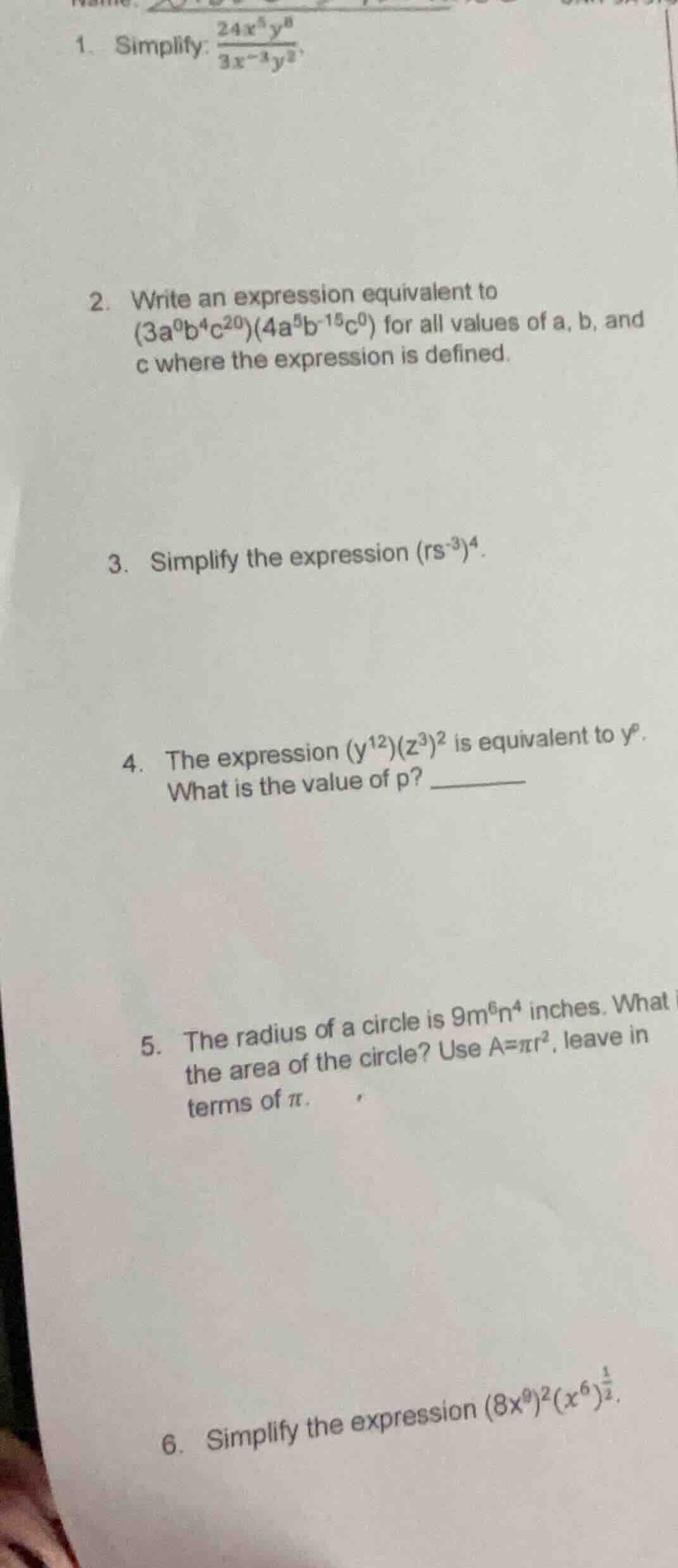 1. simplify: \\(\\frac{24x^{5}y^{8}}{3x^{-3}y^{2}}\\). 2. write an expr…
