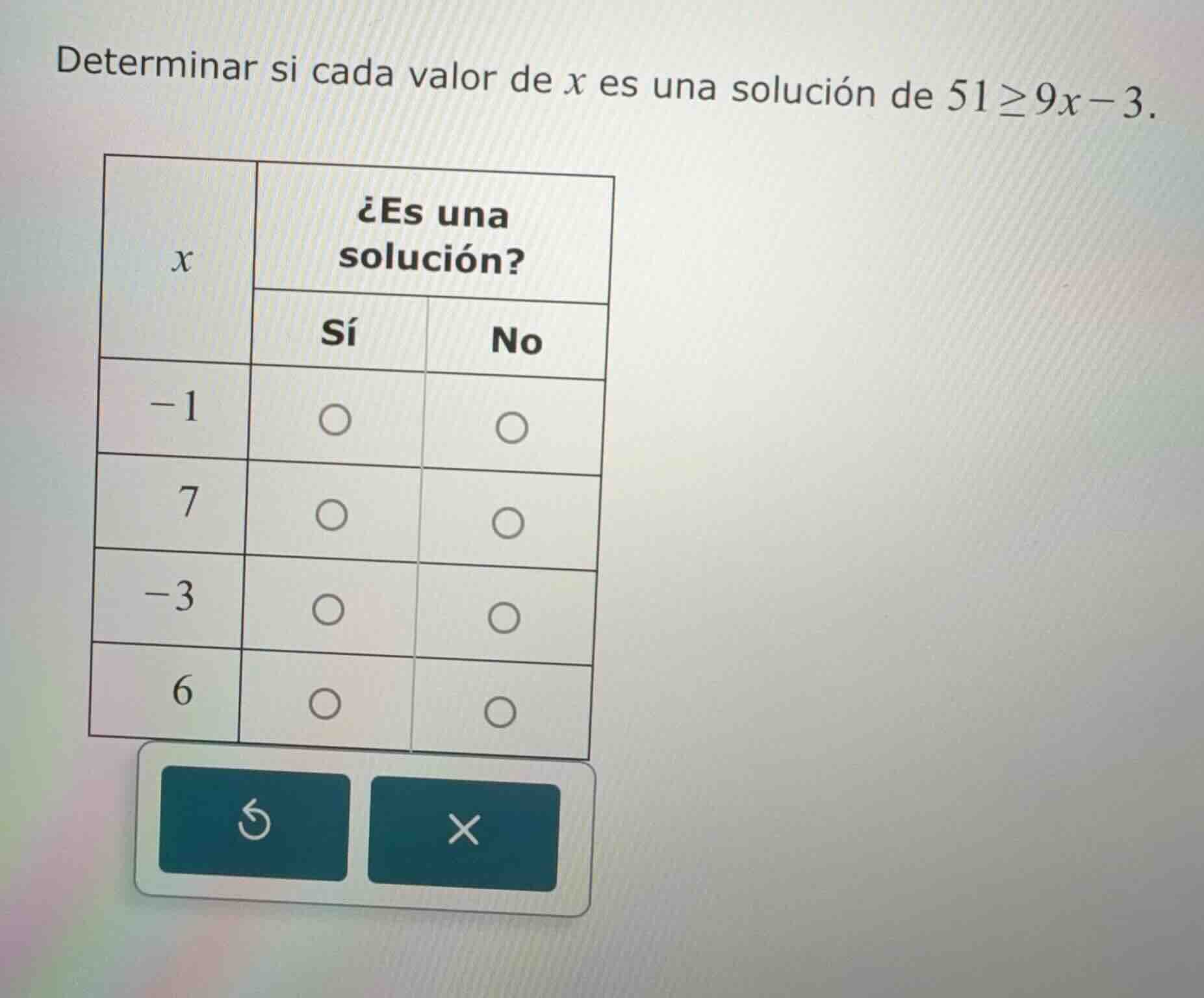 determinar si cada valor de x es una solución de 51≥9x−3. x | ¿es una s…
