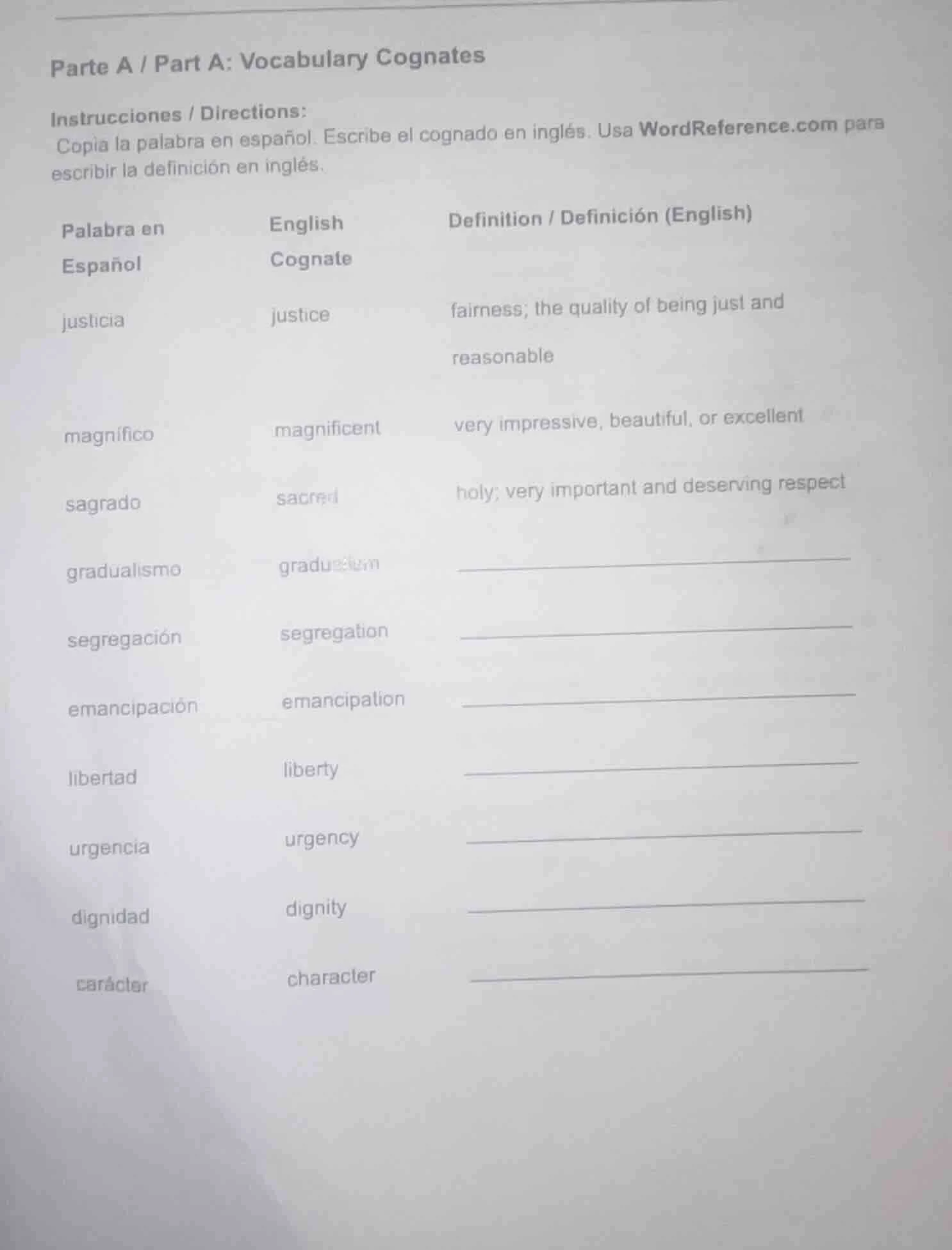 parte a / part a: vocabulary cognates instrucciones / directions: copia…