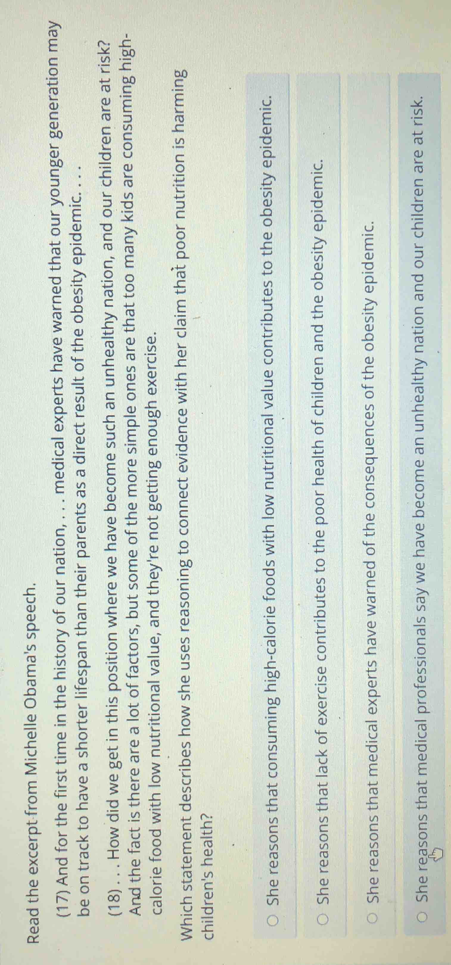 read the excerpt from michelle obama’s speech. (17) and for the first t…