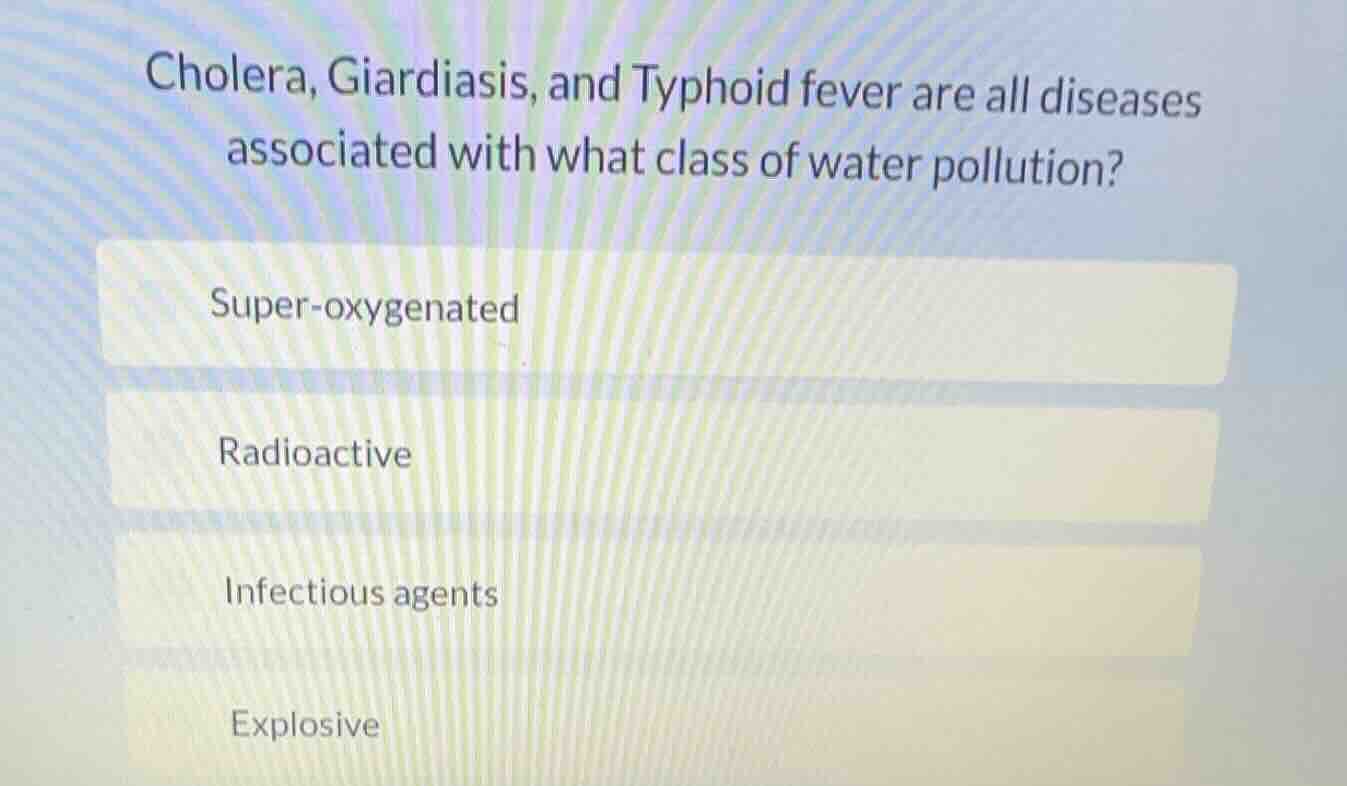 cholera, giardiasis, and typhoid fever are all diseases associated with…