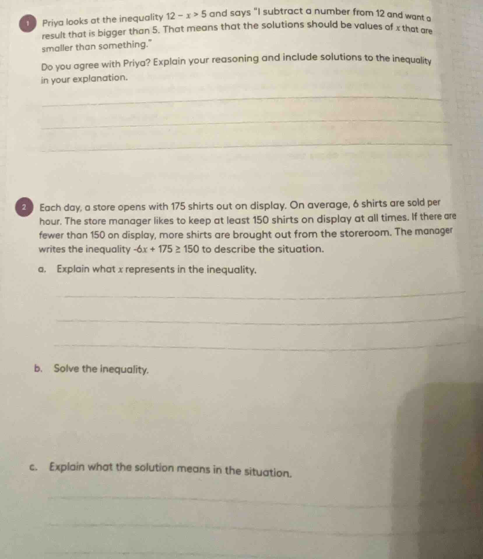 1 priya looks at the inequality $12 - x > 5$ and says \i subtract a num…