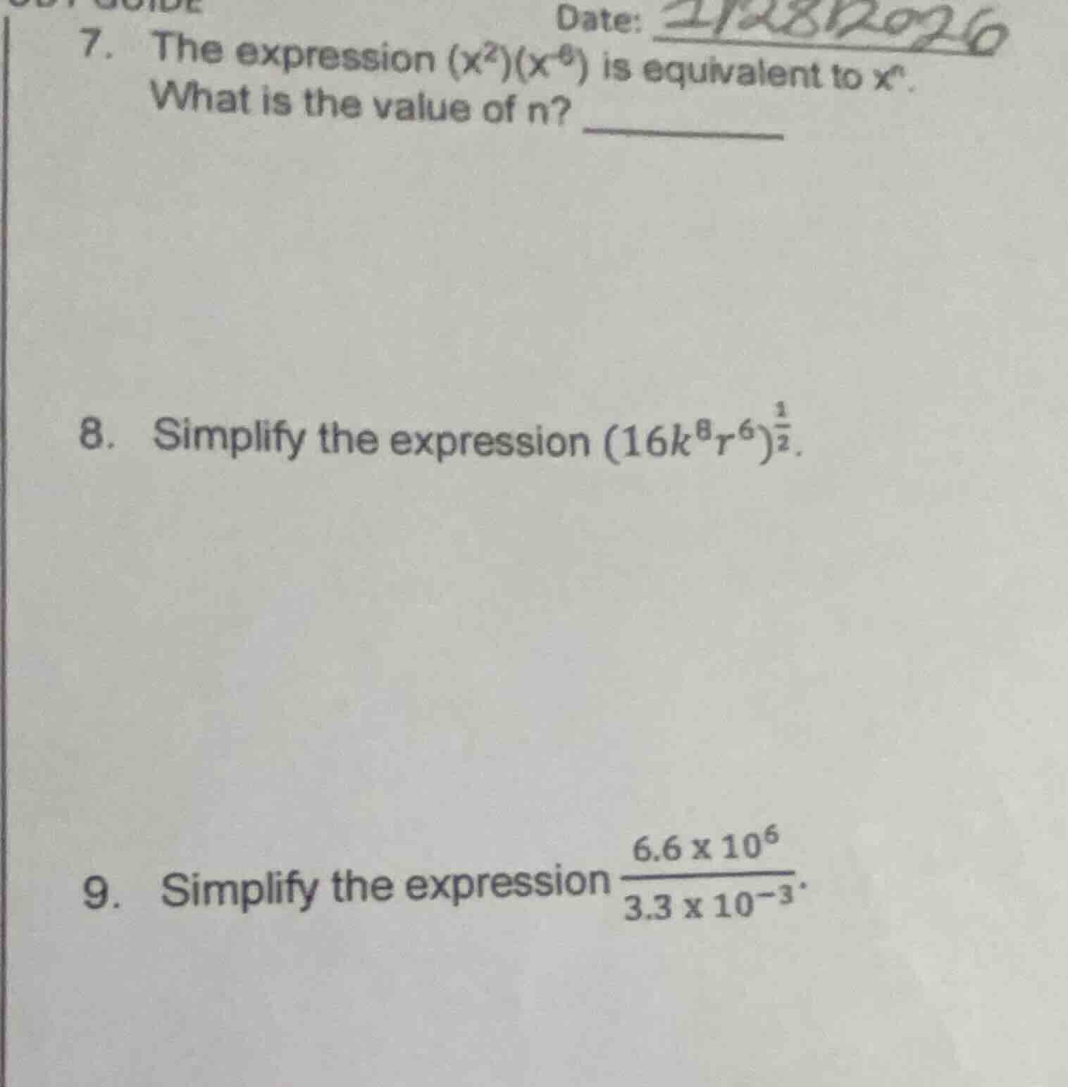 7. the expression $(x^2)(x^{-8})$ is equivalent to $x^n$. what is the v…
