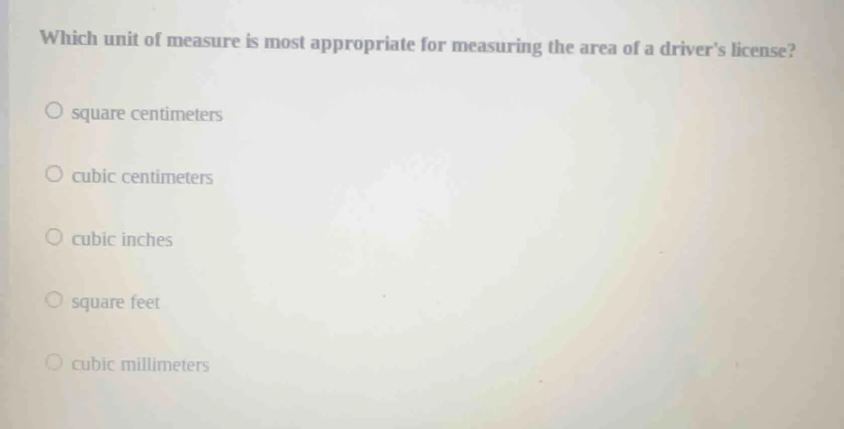 which unit of measure is most appropriate for measuring the area of a d…