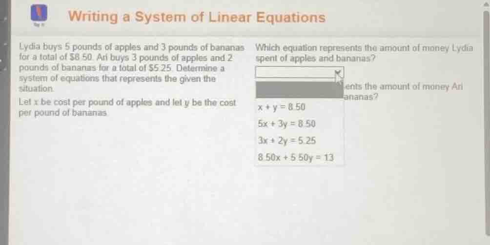 writing a system of linear equations lydia buys 5 pounds of apples and …