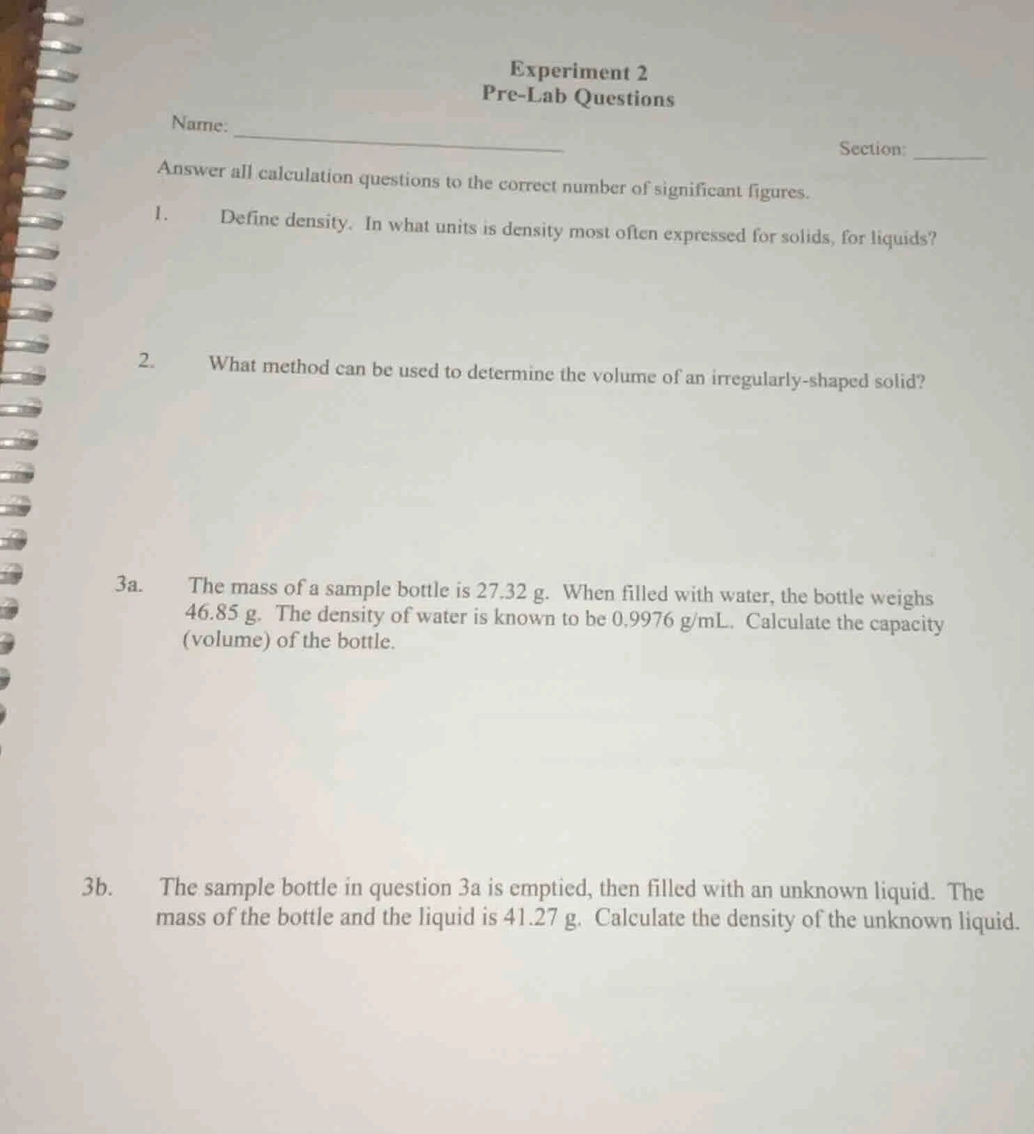 experiment 2 pre - lab questions name: section: answer all calculation …