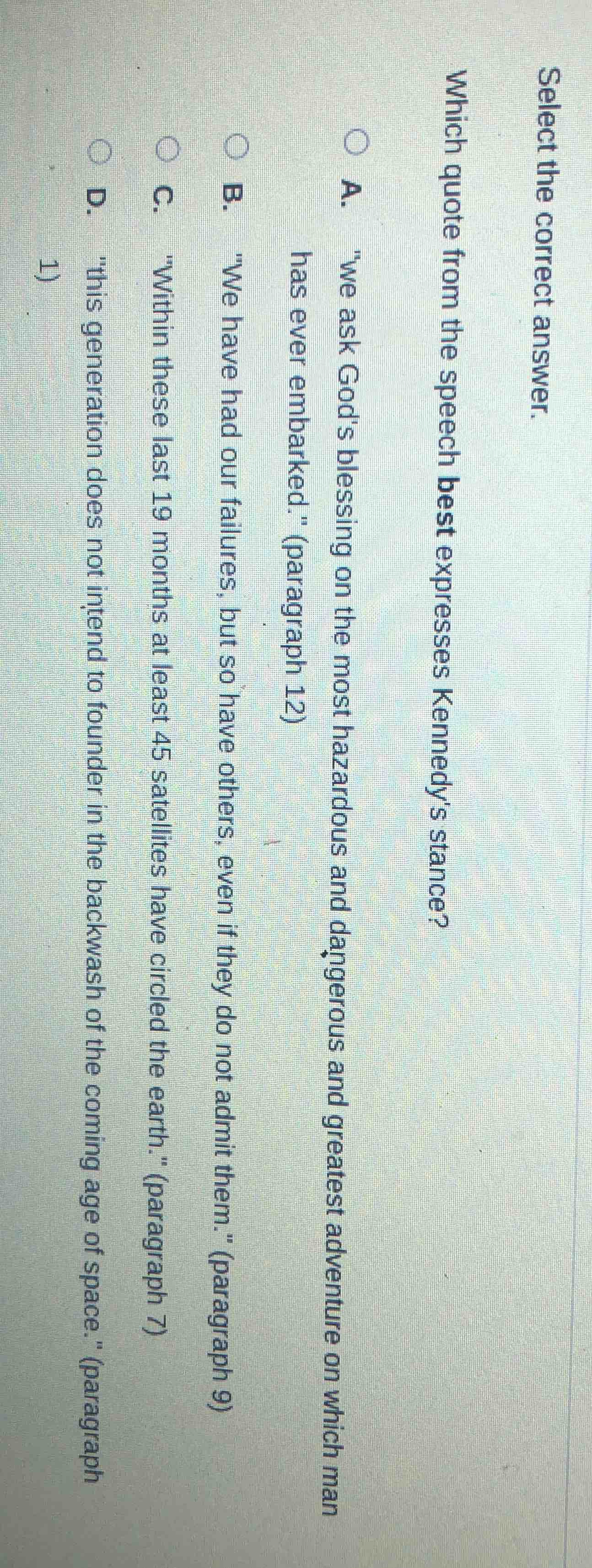 select the correct answer. which quote from the speech best expresses k…