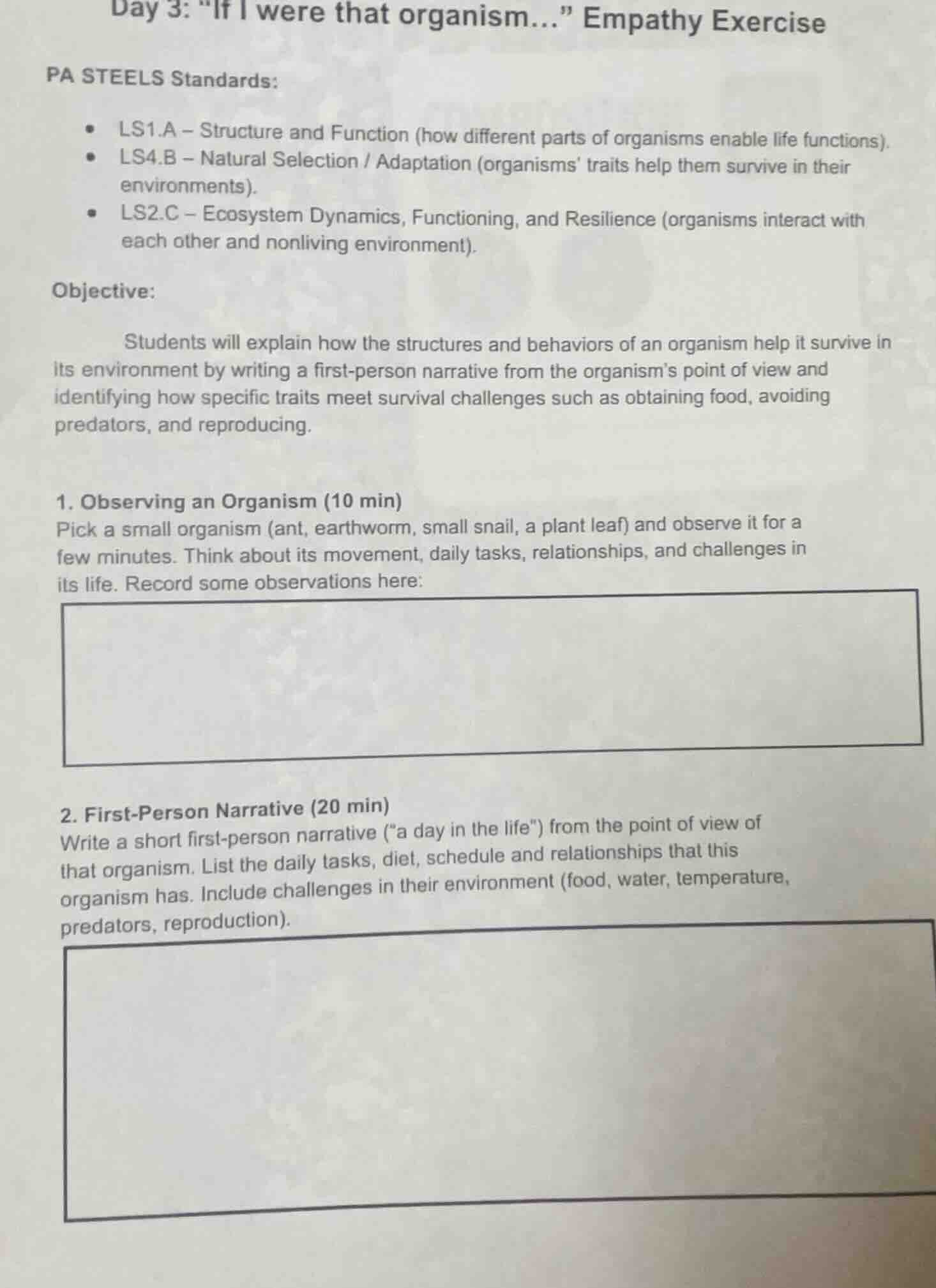 day 3: \if i were that organism...\ empathy exercise pa steels standard…