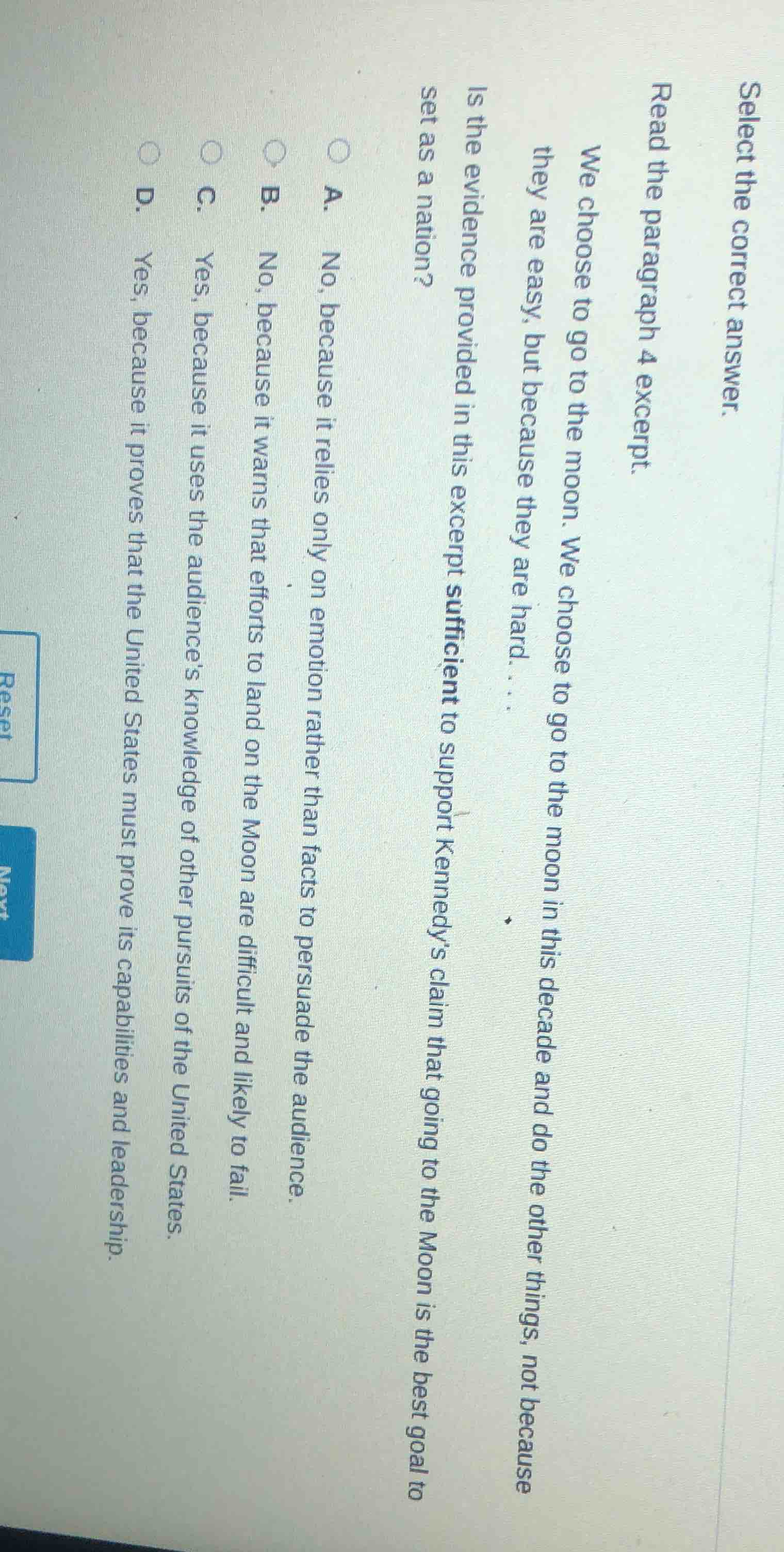 select the correct answer. read the paragraph 4 excerpt. we choose to g…