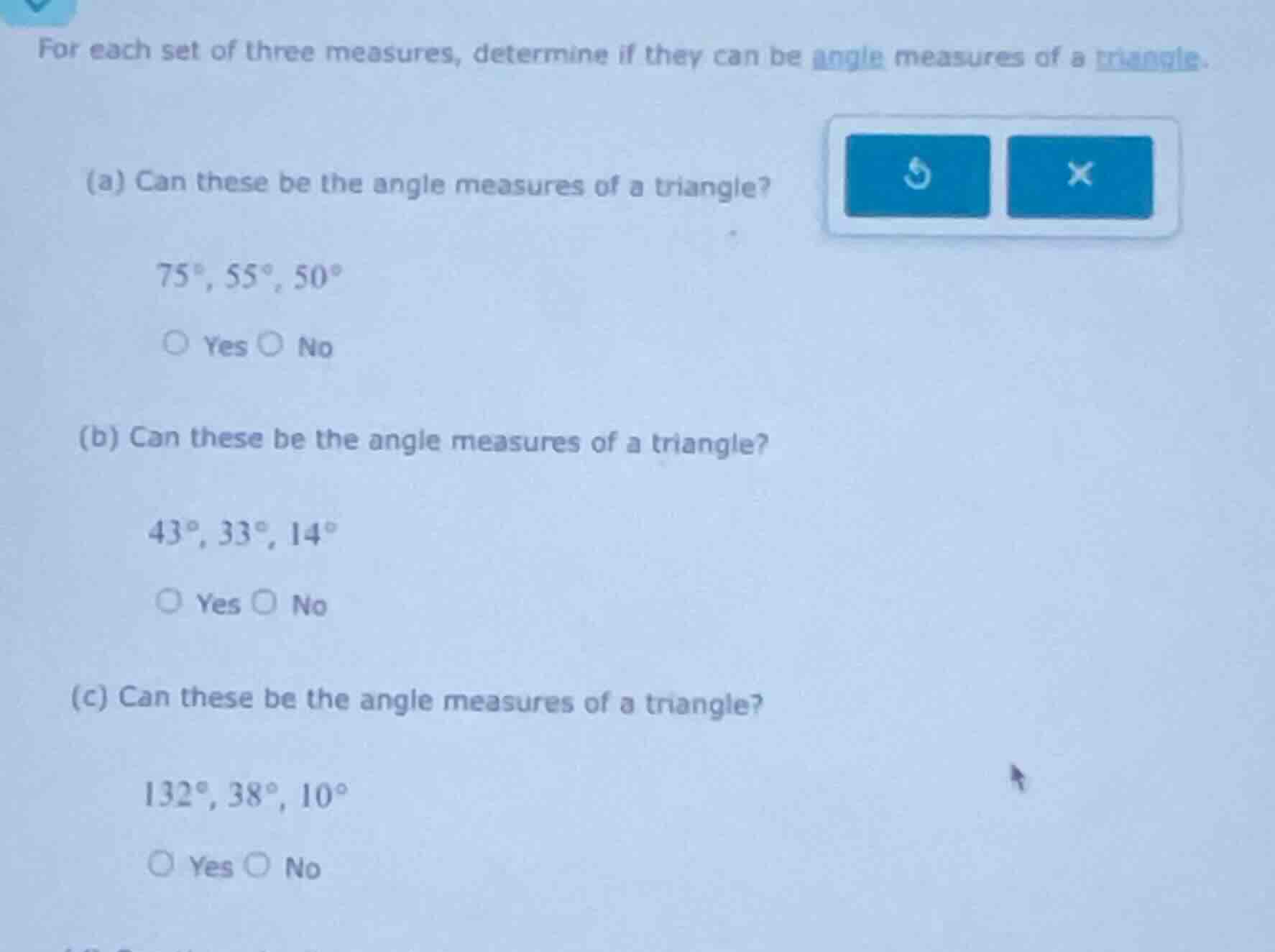 for each set of three measures, determine if they can be angle measures…