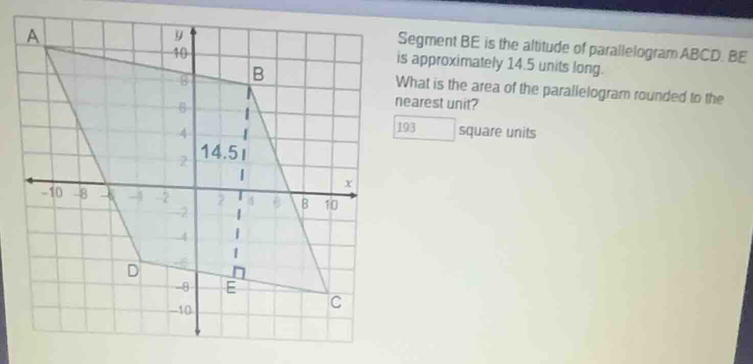 segment be is the altitude of parallelogram abcd. be is approximately 1…