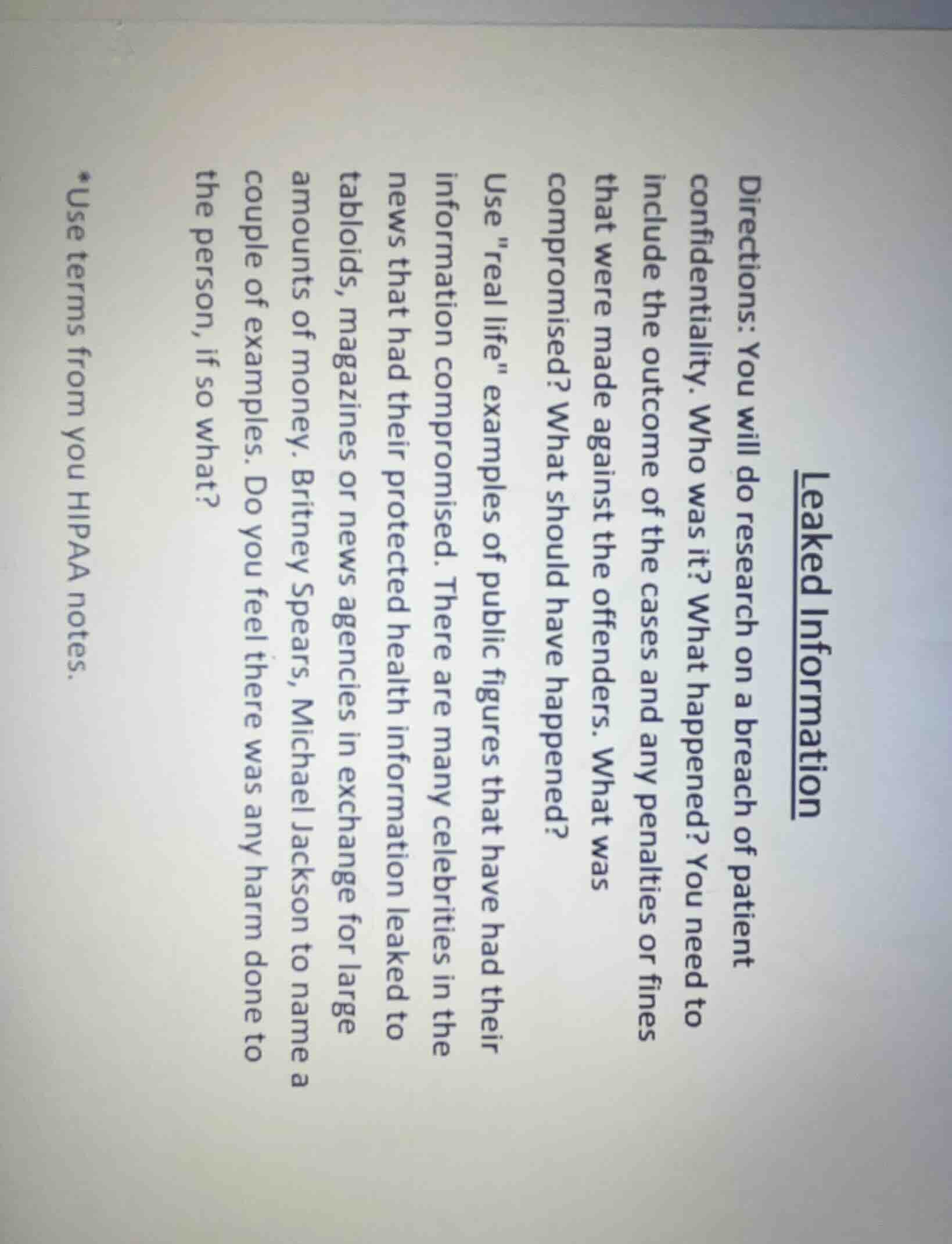 leaked information directions: you will do research on a breach of pati…