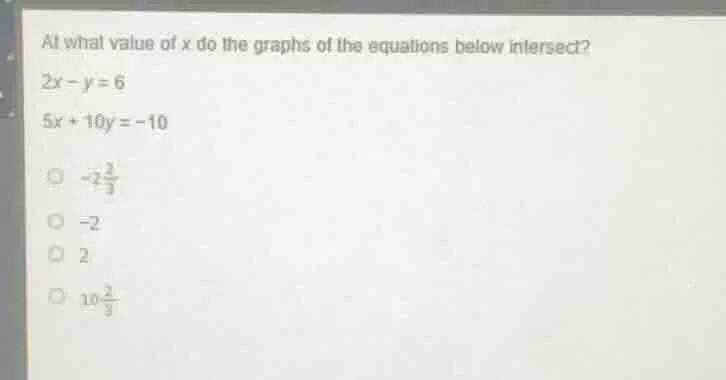 at what value of x do the graphs of the equations below intersect? 2x -…