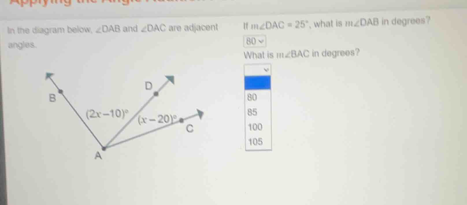 in the diagram below, ∠dab and ∠dac are adjacent angles. if ( mangle da…