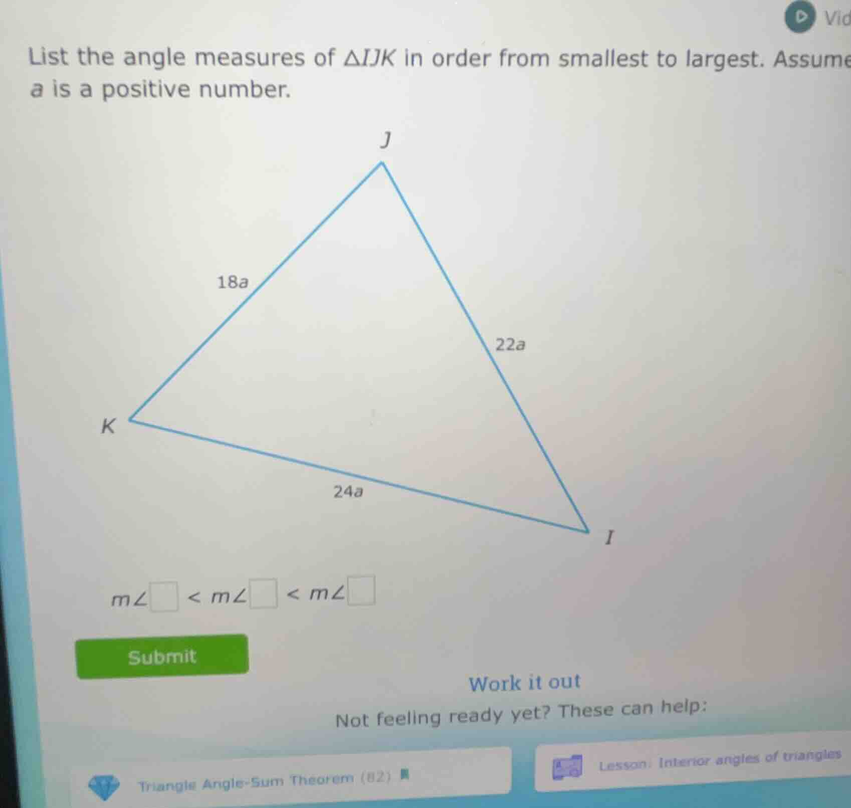 list the angle measures of $\\triangle ijk$ in order from smallest to l…
