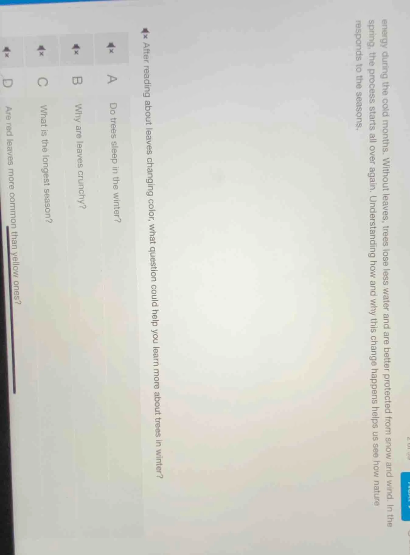 after reading about leaves changing color, what question could help you…