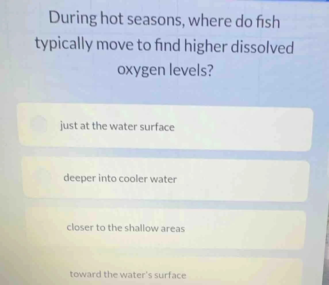 during hot seasons, where do fish typically move to find higher dissolv…