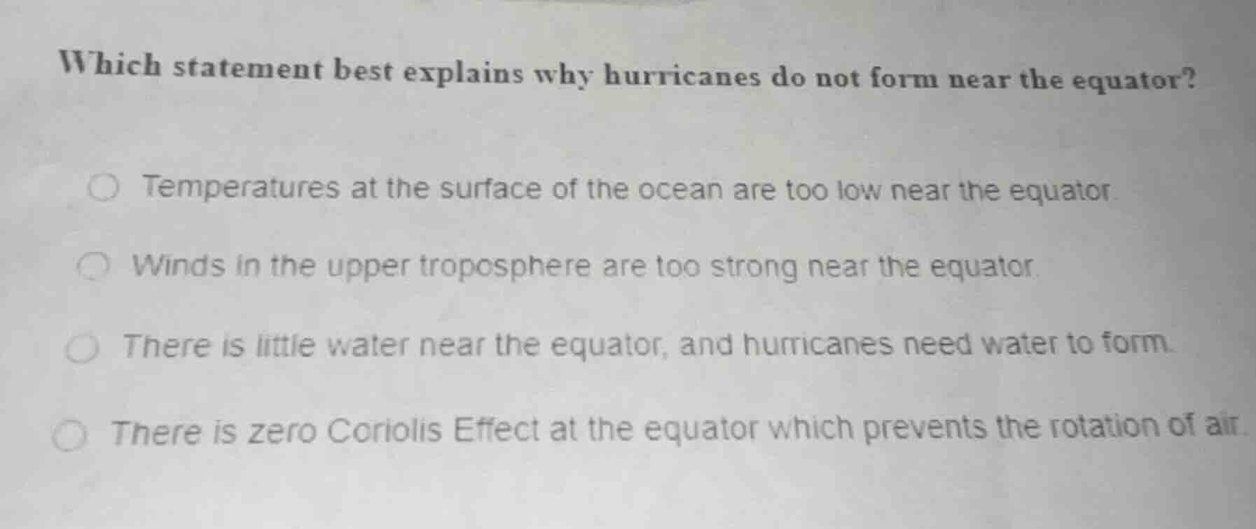 which statement best explains why hurricanes do not form near the equat…