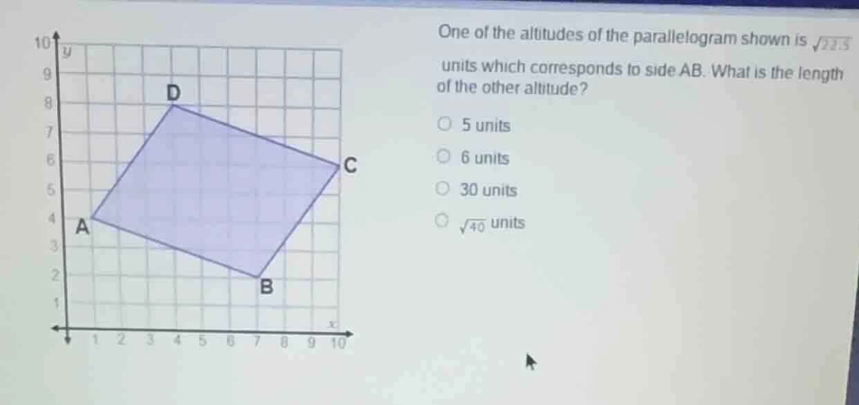 one of the altitudes of the parallelogram shown is \\(\\sqrt{225}\\) un…