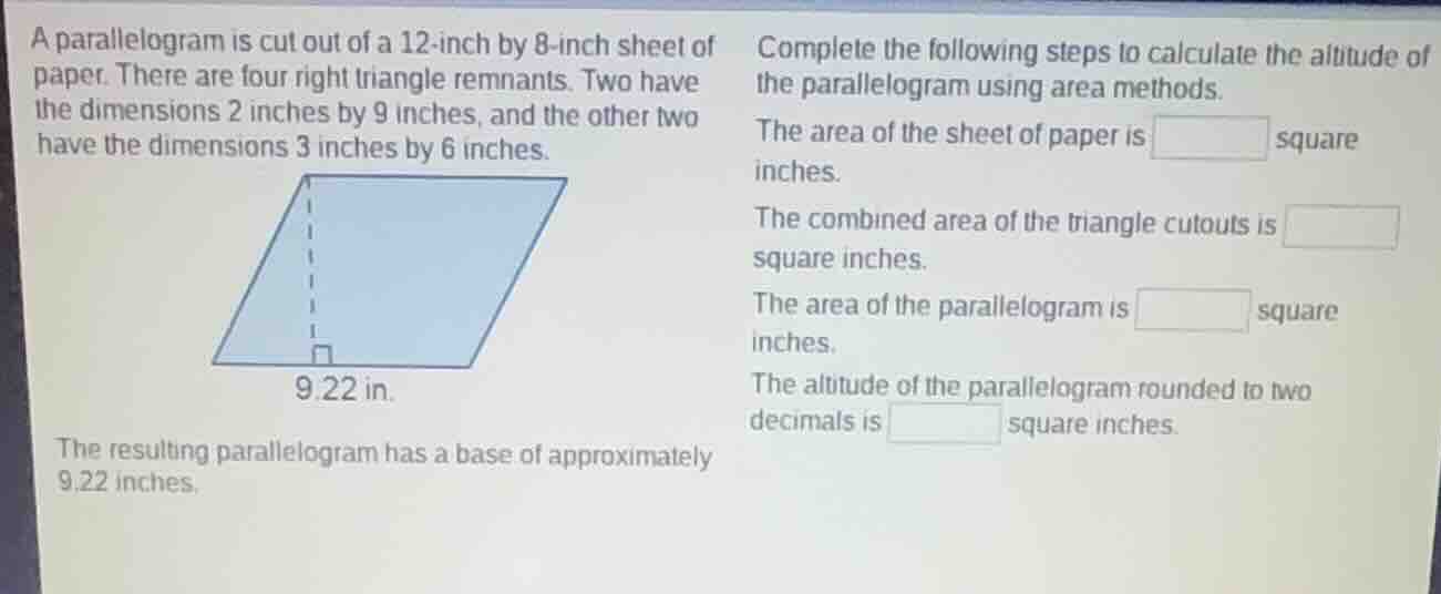 a parallelogram is cut out of a 12-inch by 8-inch sheet of paper. there…