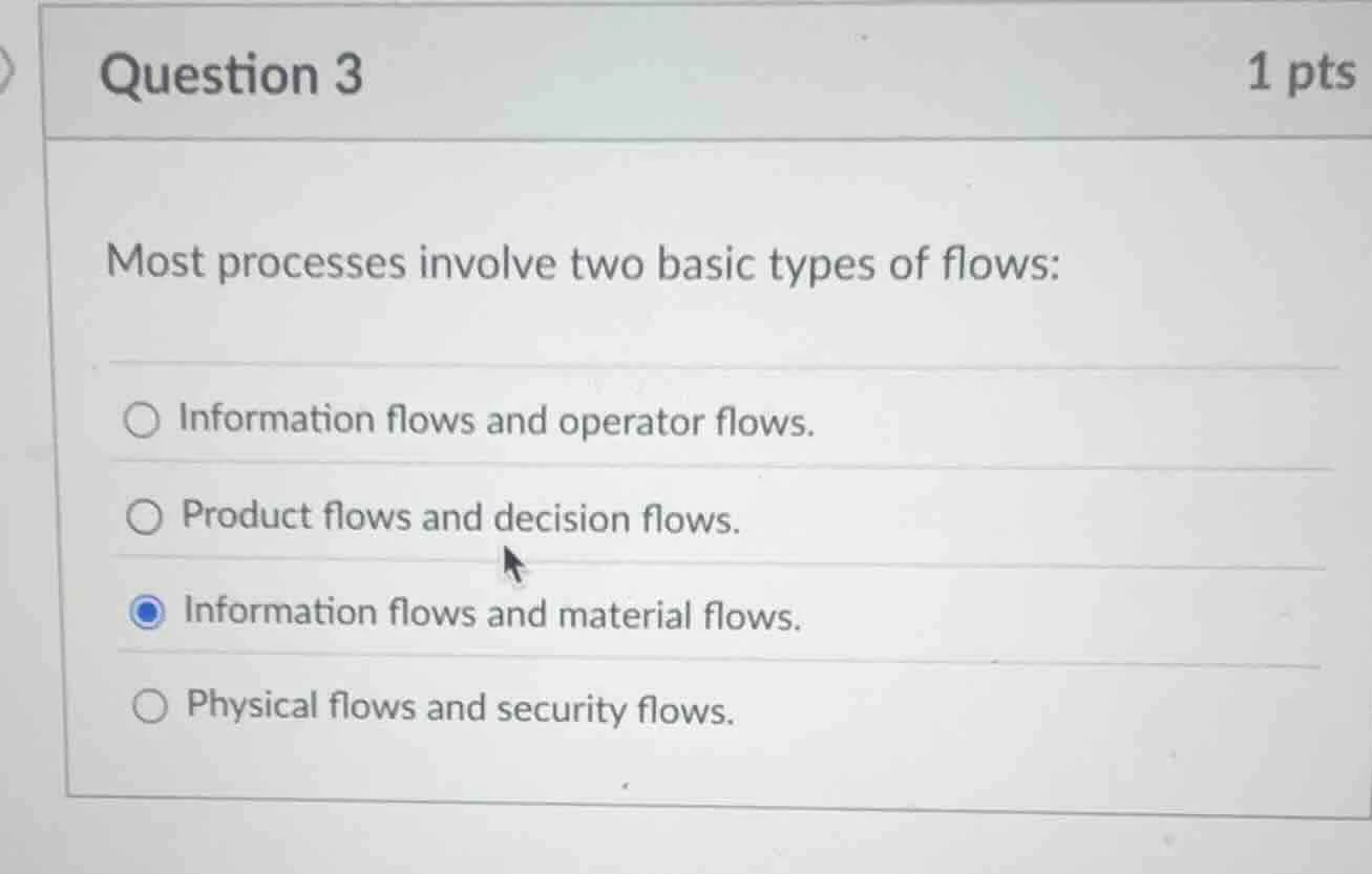 question 3 1 pts most processes involve two basic types of flows: infor…