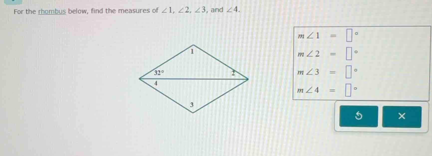 for the rhombus below, find the measures of $\\angle 1$, $\\angle 2$, $…