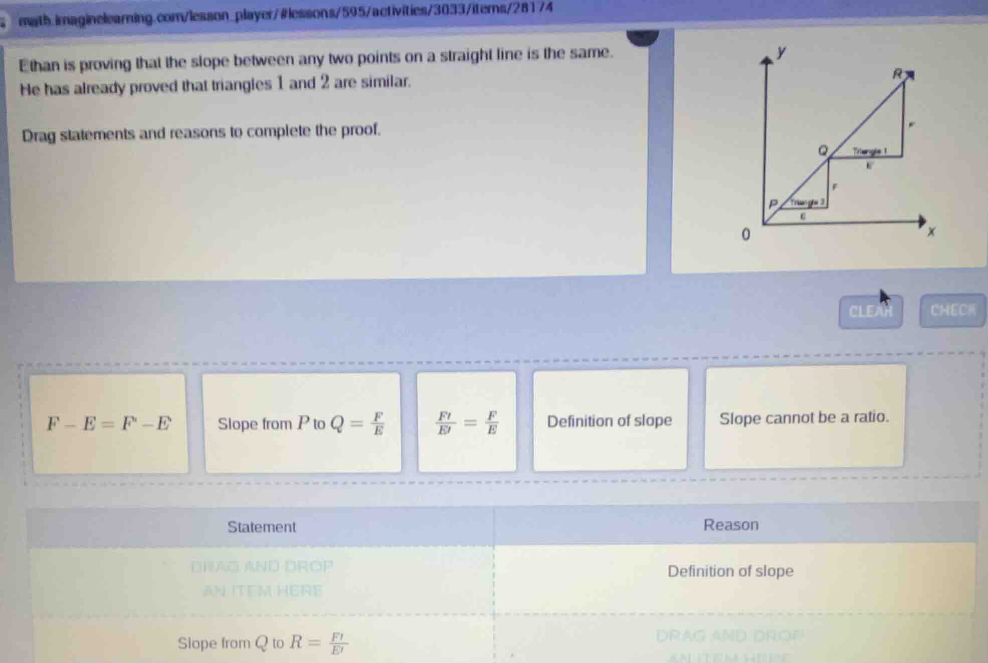 ethan is proving that the slope between any two points on a straight li…