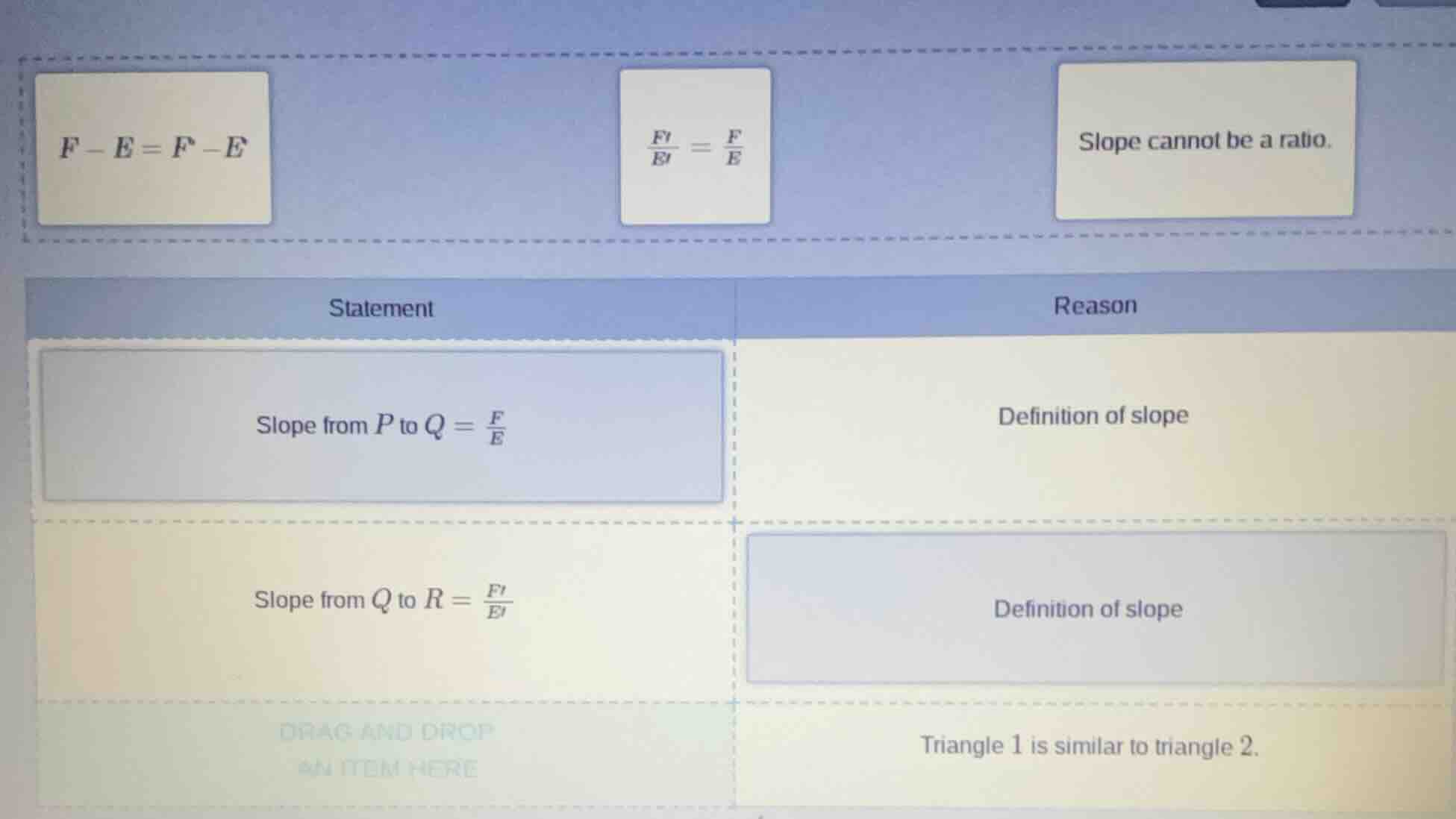 f - e = f - e \\frac{f}{e} = \\frac{f}{e} slope cannot be a ratio. stat…