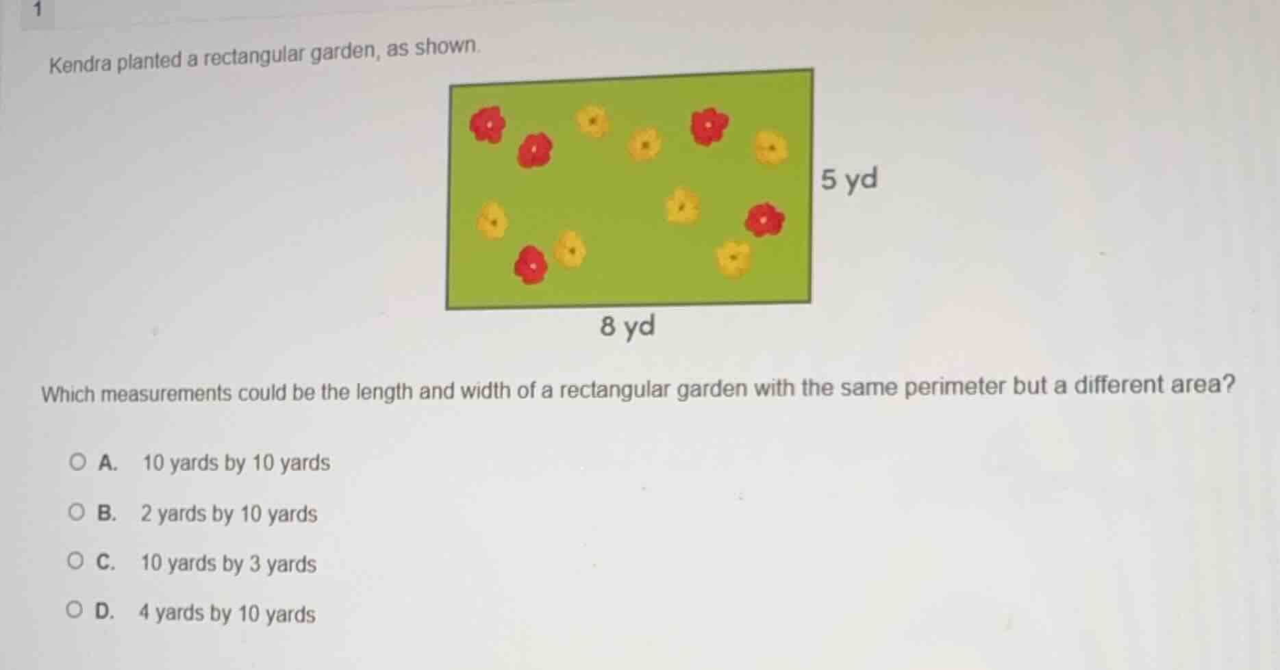 kendra planted a rectangular garden, as shown. which measurements could…