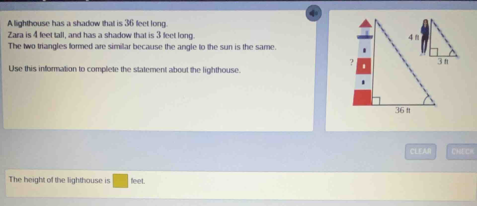 a lighthouse has a shadow that is 36 feet long. zara is 4 feet tall, an…