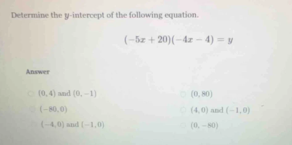 determine the ( y )-intercept of the following equation. ((-5x + 20)(-4…