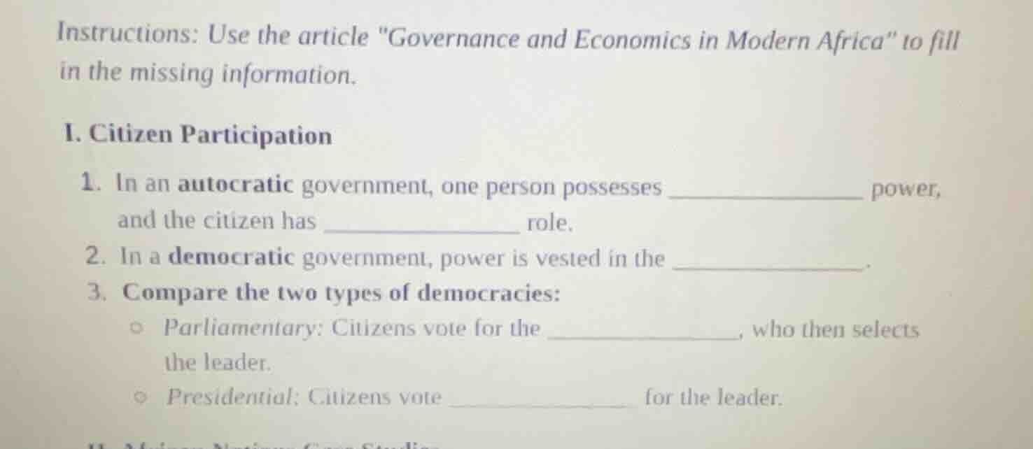 instructions: use the article \governance and economics in modern afric…