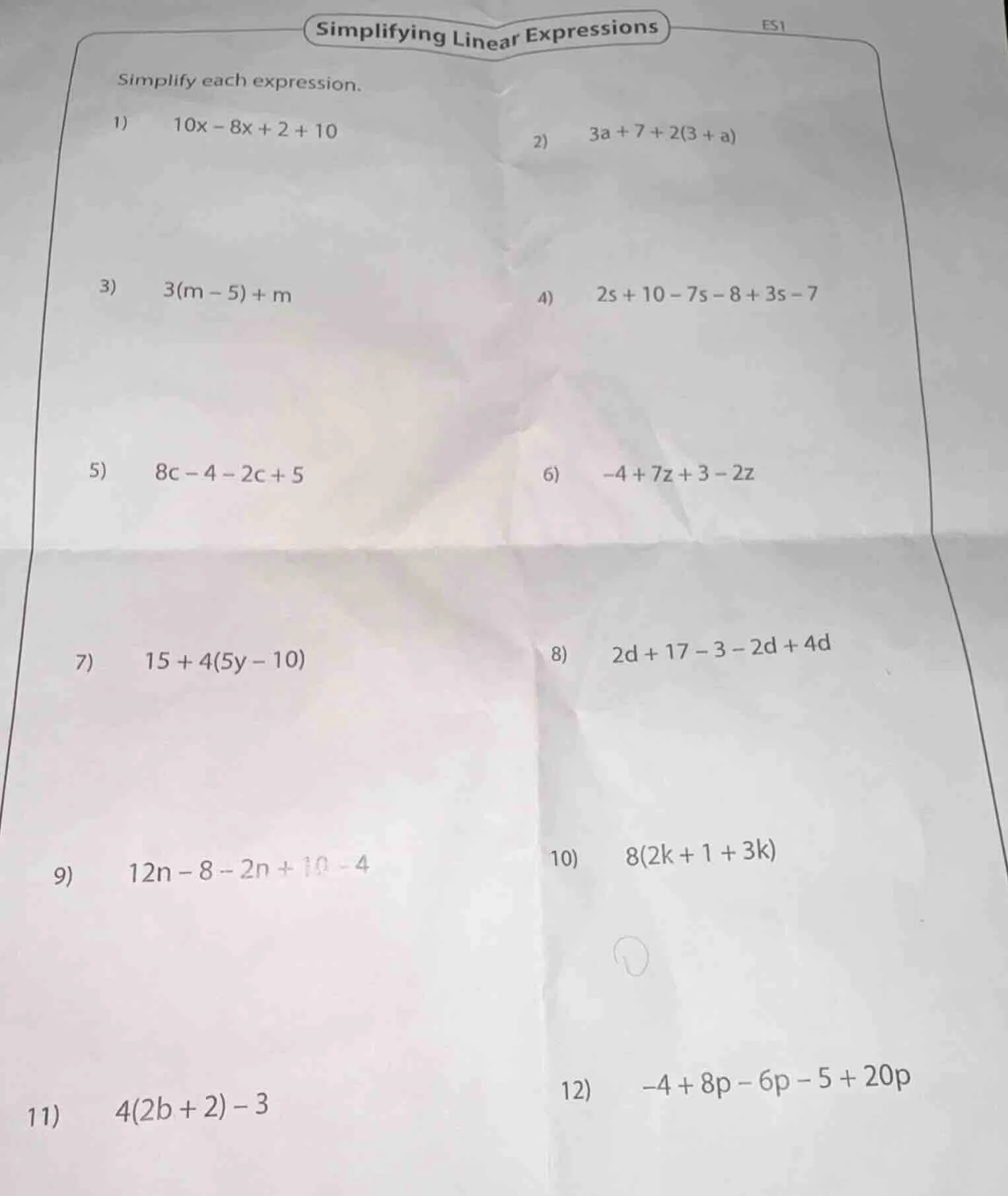 simplifying linear expressions simplify each expression. 1) 10x - 8x + …