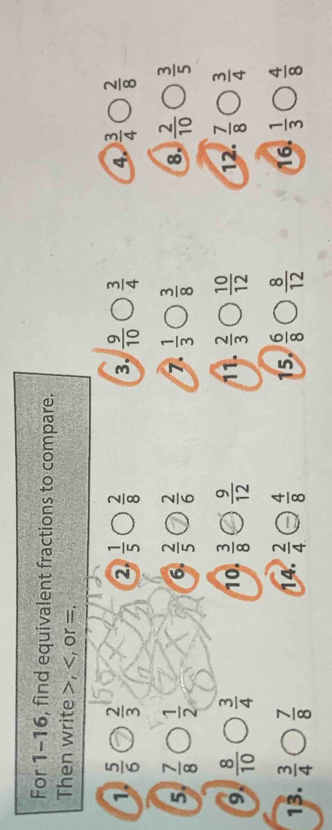 for 1 - 16, find equivalent fractions to compare. then write >, <, or =…