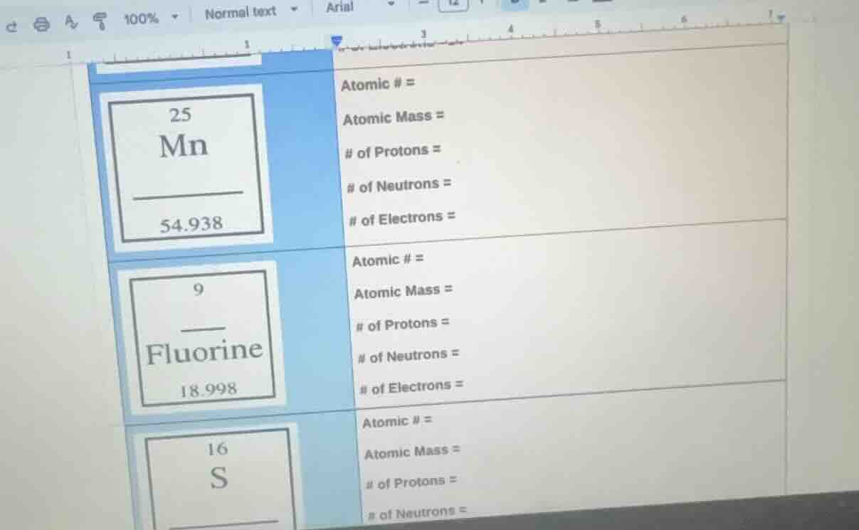 25 mn 54.938 atomic # = atomic mass = # of protons = # of neutrons = # …