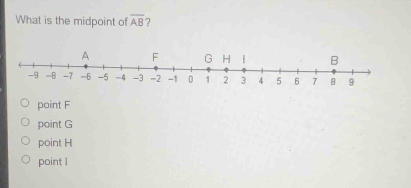 what is the midpoint of \\(\\overline{ab}\\)?\ \ \\(\\circ\\) point f\ …