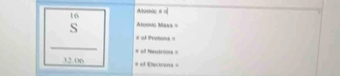 atomic # = atomic mass = # of protons = # of neutrons = # of electrons =