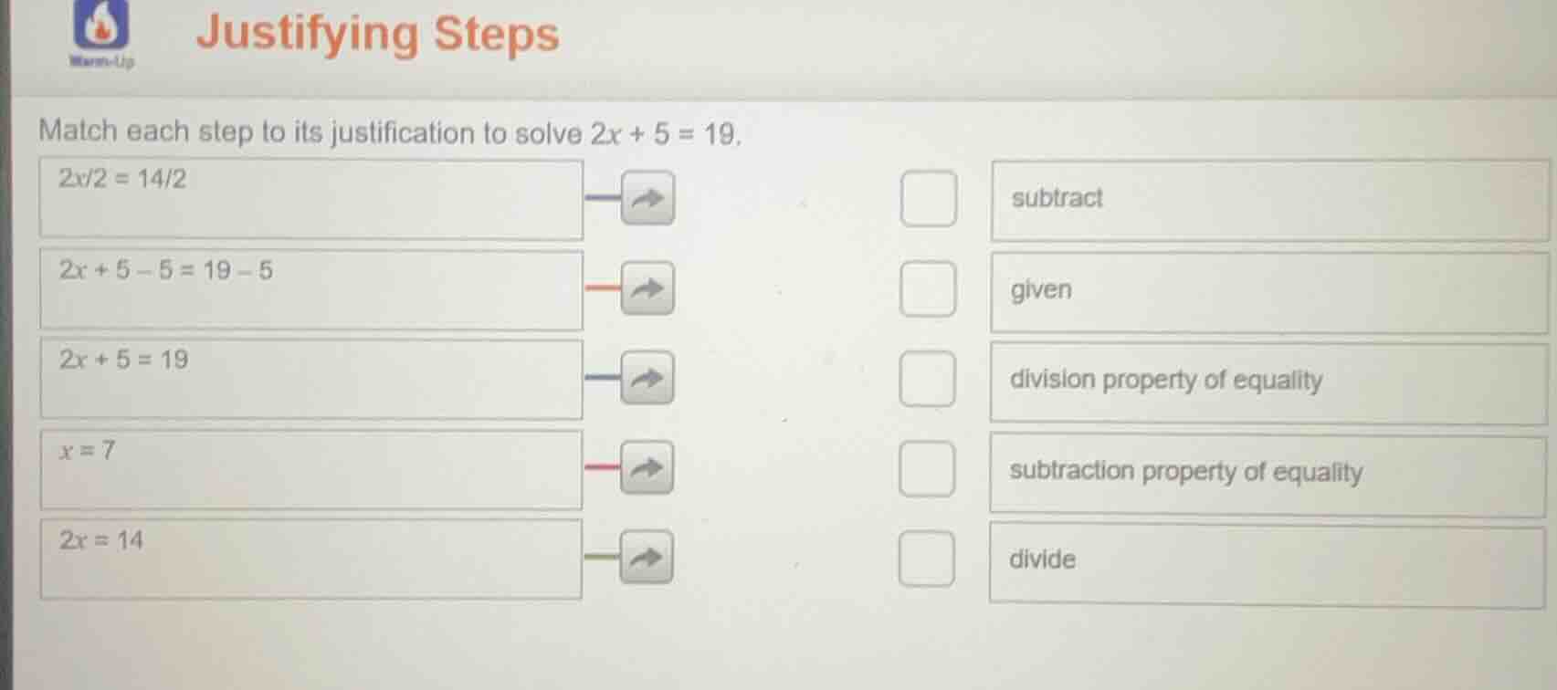 justifying steps match each step to its justification to solve $2x + 5 …