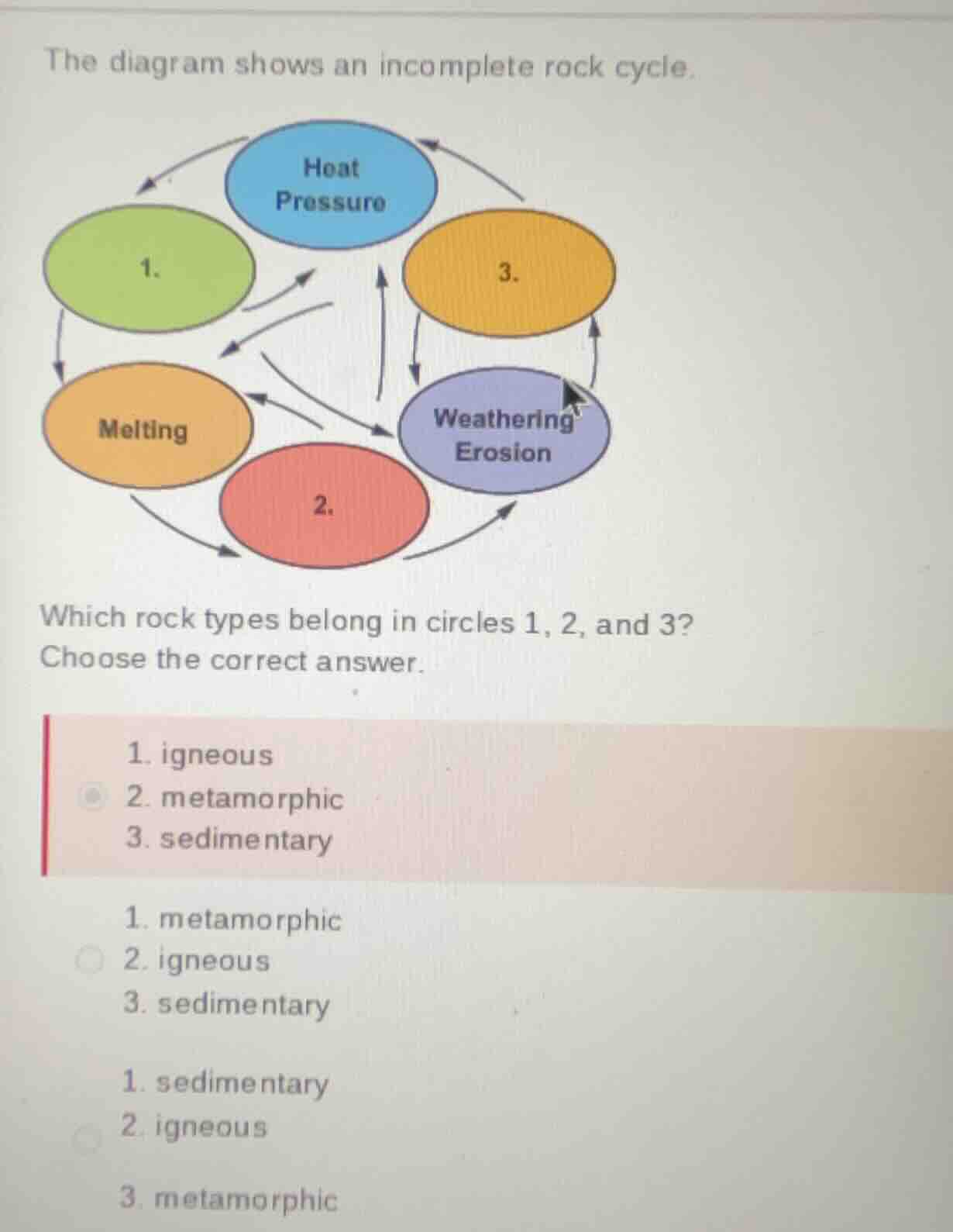 the diagram shows an incomplete rock cycle. which rock types belong in …