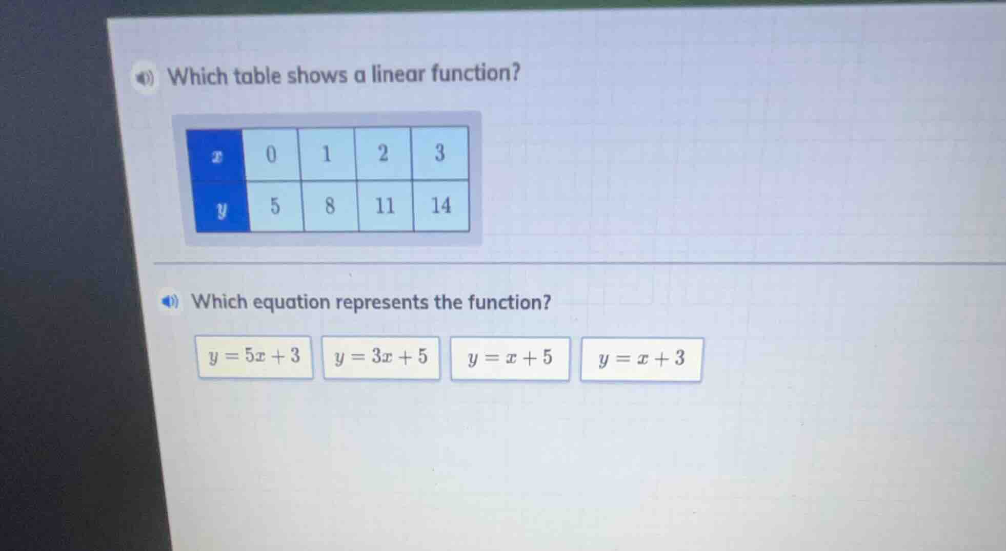 which table shows a linear function? x: 0, 1, 2, 3 y: 5, 8, 11, 14 whic…