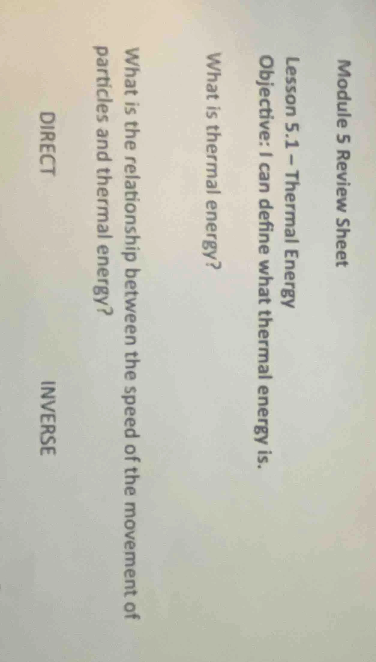 module 5 review sheet lesson 5.1 – thermal energy objective: i can defi…
